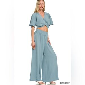 Zenana Woven Airflow Twisted Top & Wide Leg Pants Set 10010055481